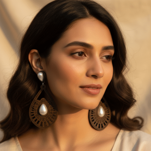 Spoke Wooden Pearl Long Earring - Image 2