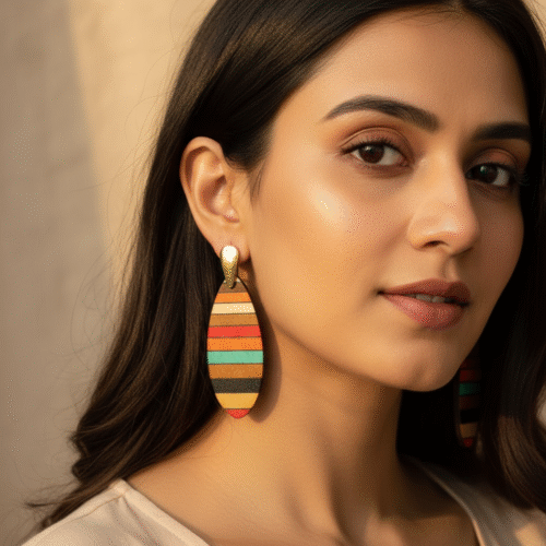 Spoke Wooden Multi Color Oval Earring - Image 2